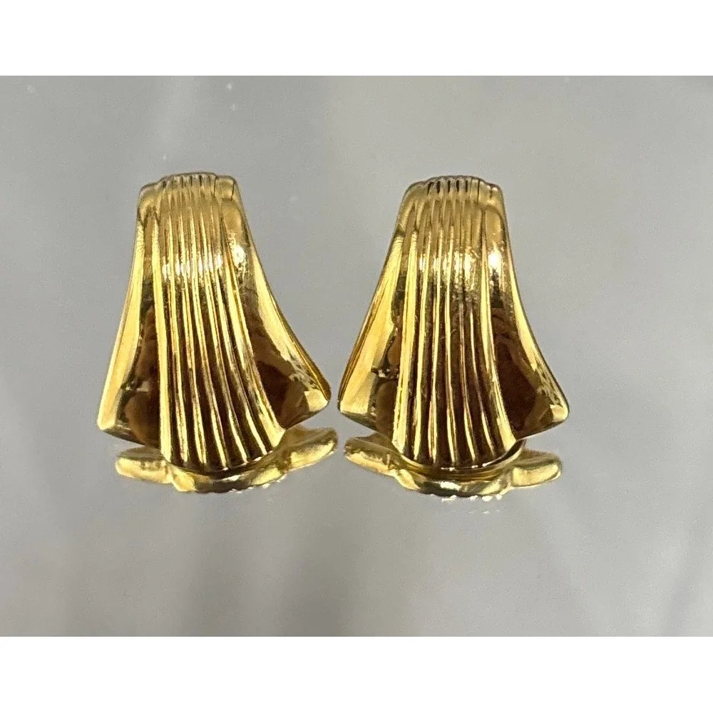 Kenneth Jay Lane Earrings Women Gold Tone‎ Clip On Sculptural Folded Fan Vintage - Picture 2 of 4